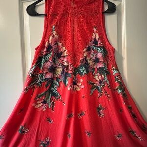 Free People Red Floral Lace Top